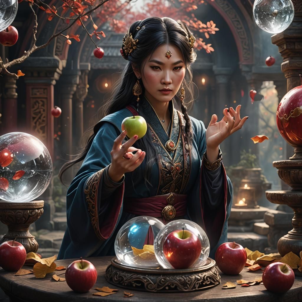 Asian Sorceress Conjures Apple: Fantasy Concept Art