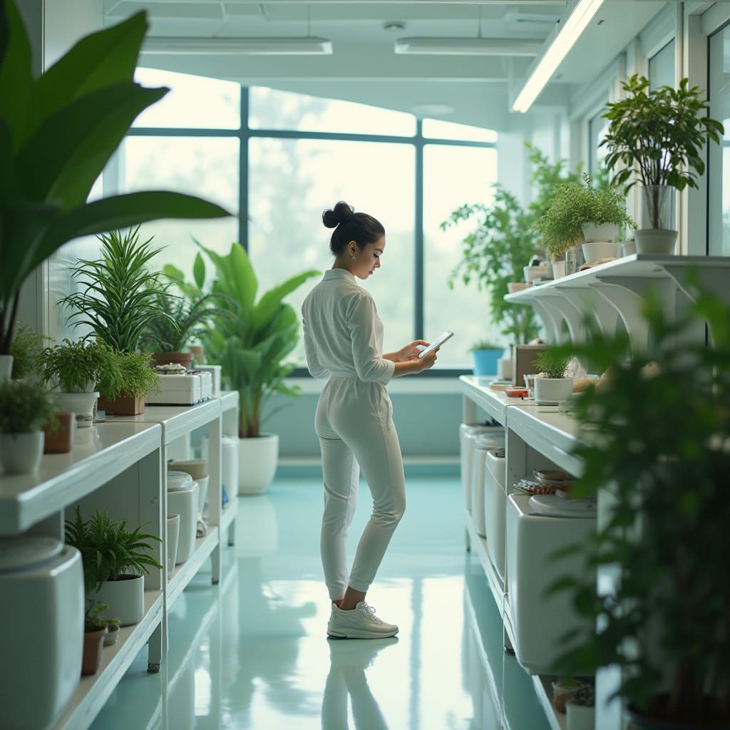 Modern Biohacker in Lush Futuristic Lab