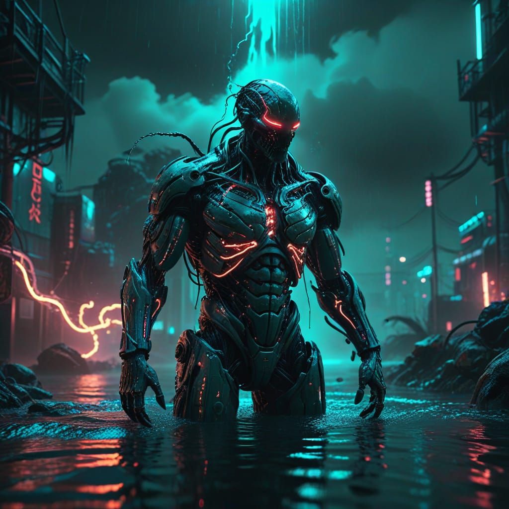 Monster Rising from Magic Water in Cyberpunk Style