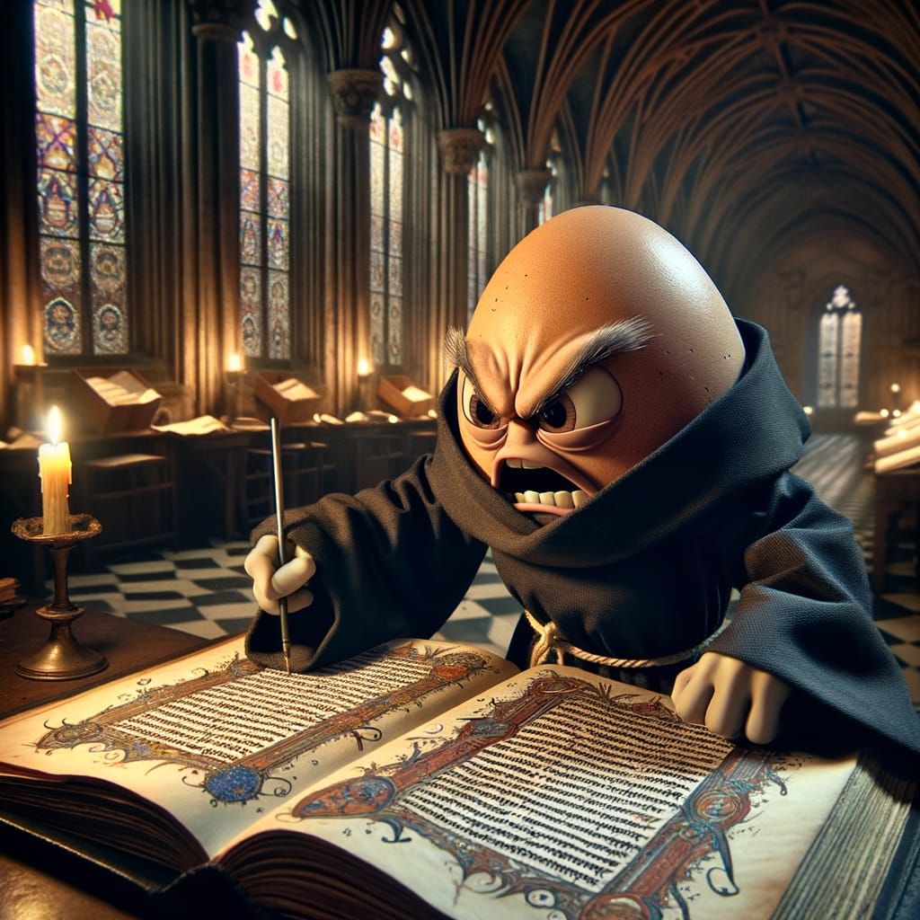 Angry Monk Egg Transcribing Medieval Manuscript