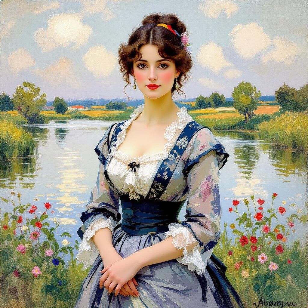 Elegant Woman in Landscape, Impressionist Art Nouveau Style