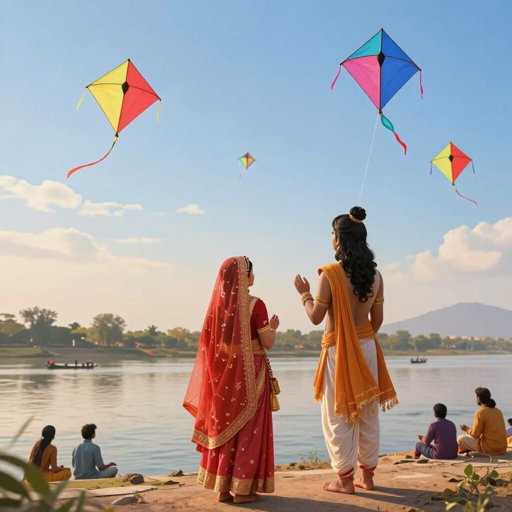 Radha Krishna Admire Kites by Yamuna River in Golden Light