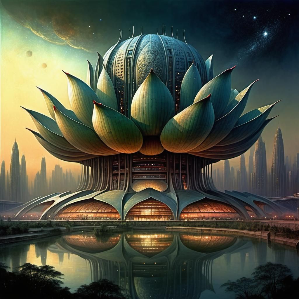 Futuristic Lotus Stadium in Starry Megacity