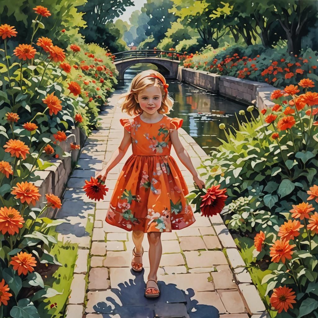 Girl with Dahlias: Gouache Impressionist Masterpiece