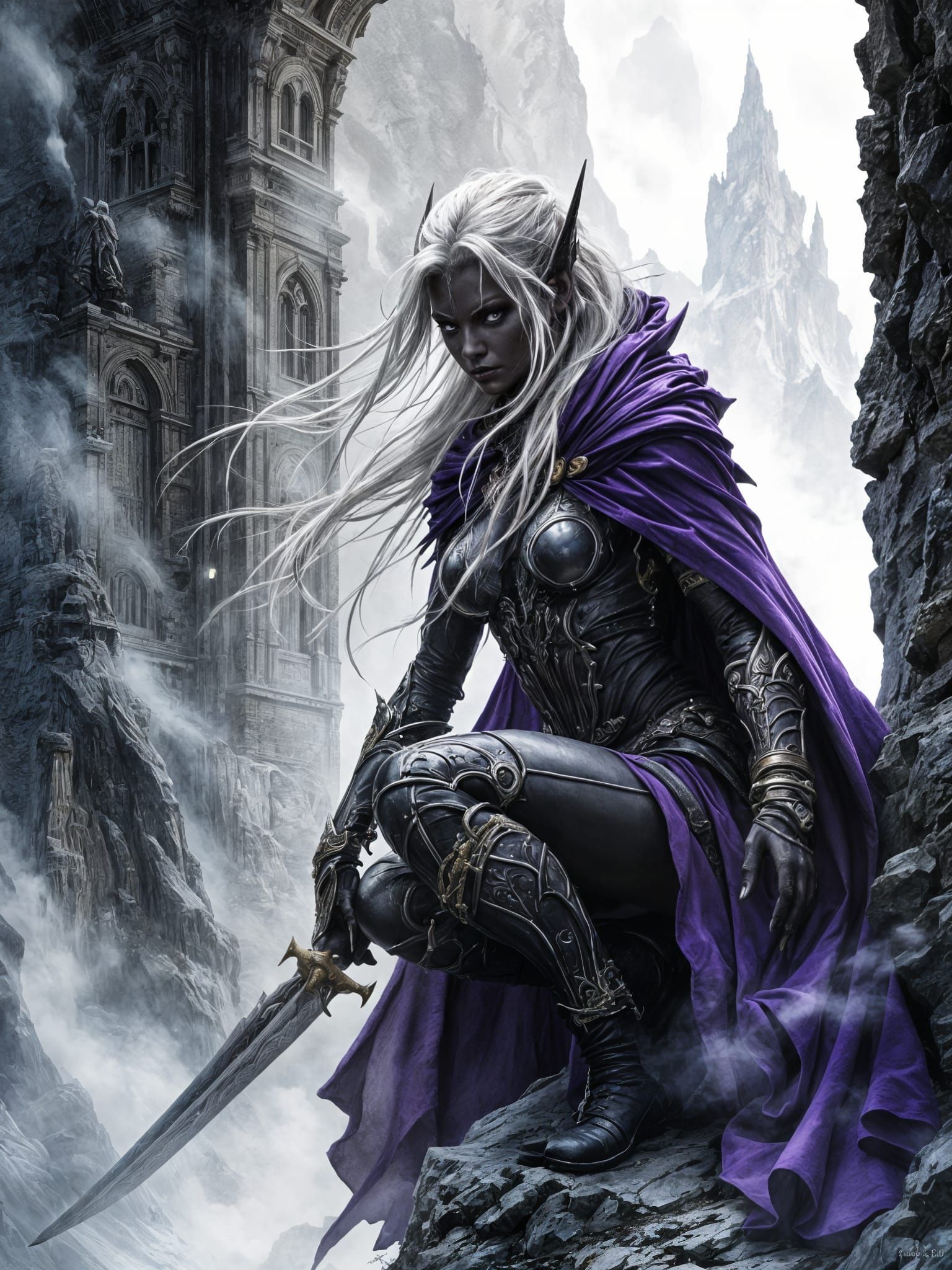 Elven Rogue at Mountain Fortress in Pen and Ink Style