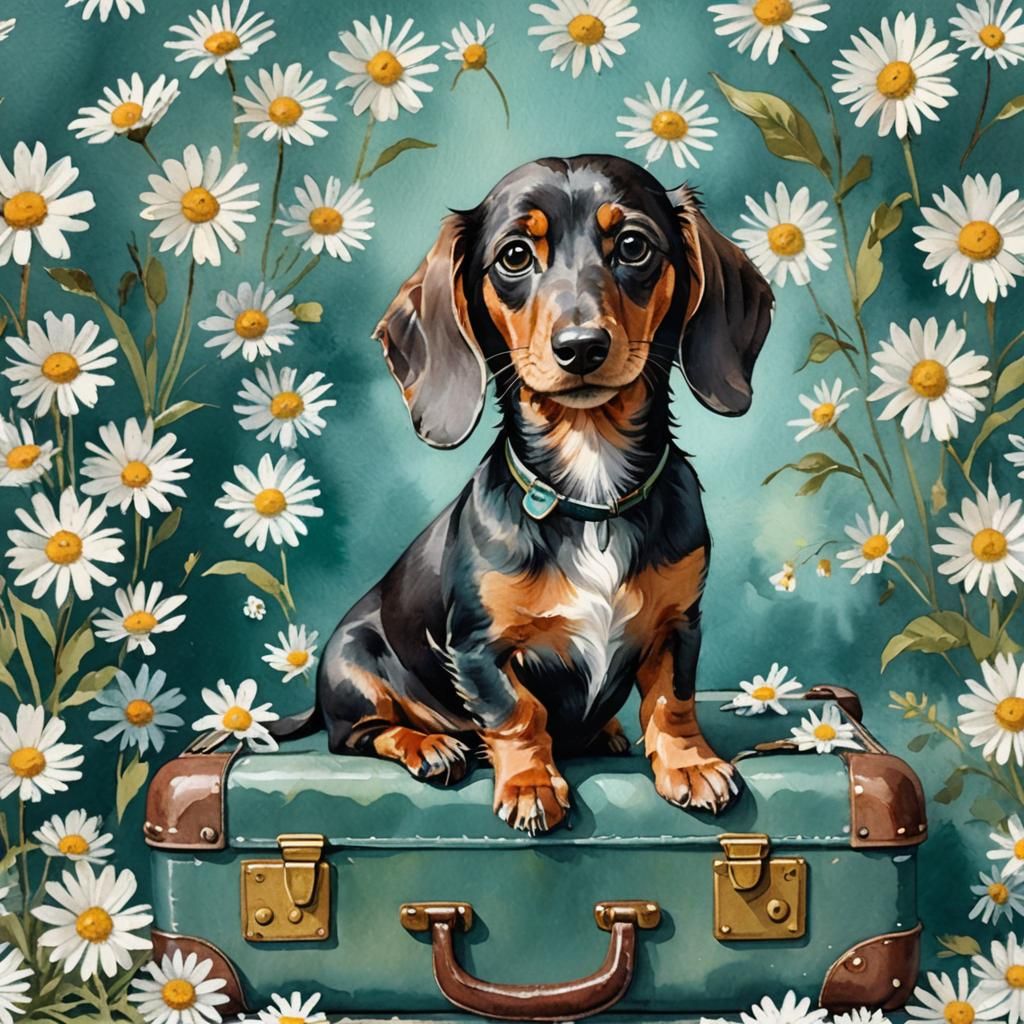 Charming Dachshund Puppy in Suitcase: Watercolor Painting