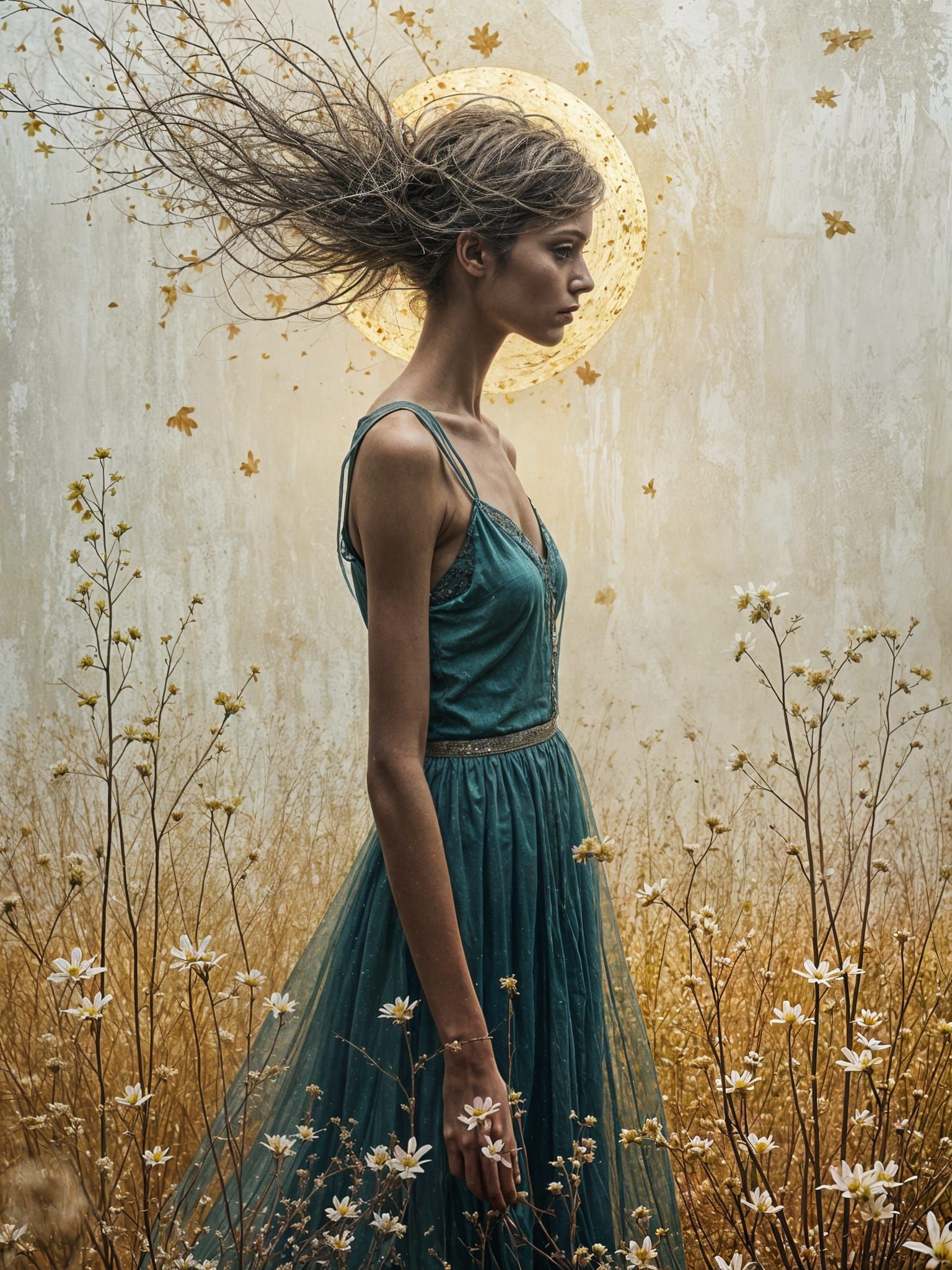 Androgynous Figure in a Spring Landscape with Faded Cracked ...