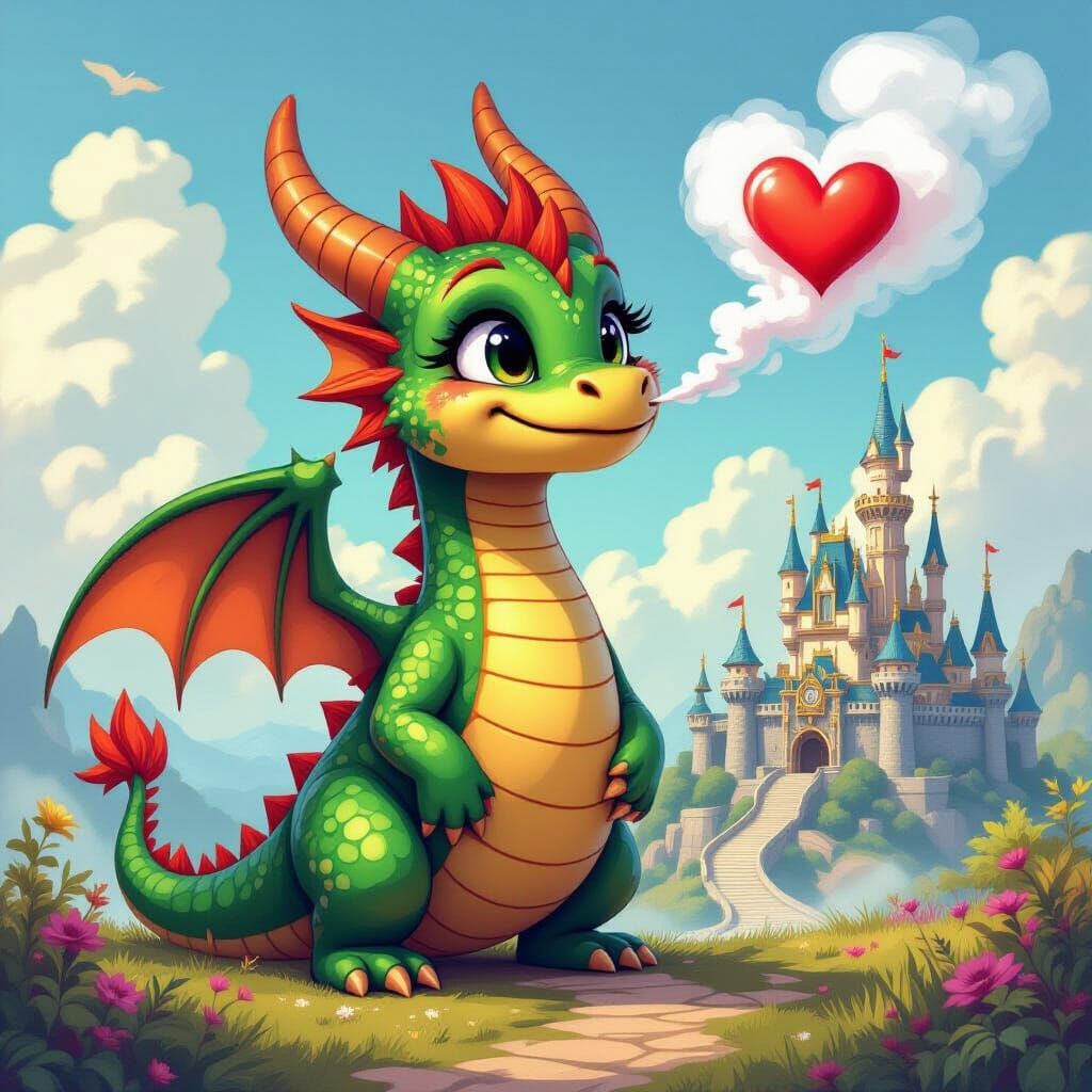 Metallic Dragon Blows Smoke Heart: Pixar-Style 3D Render