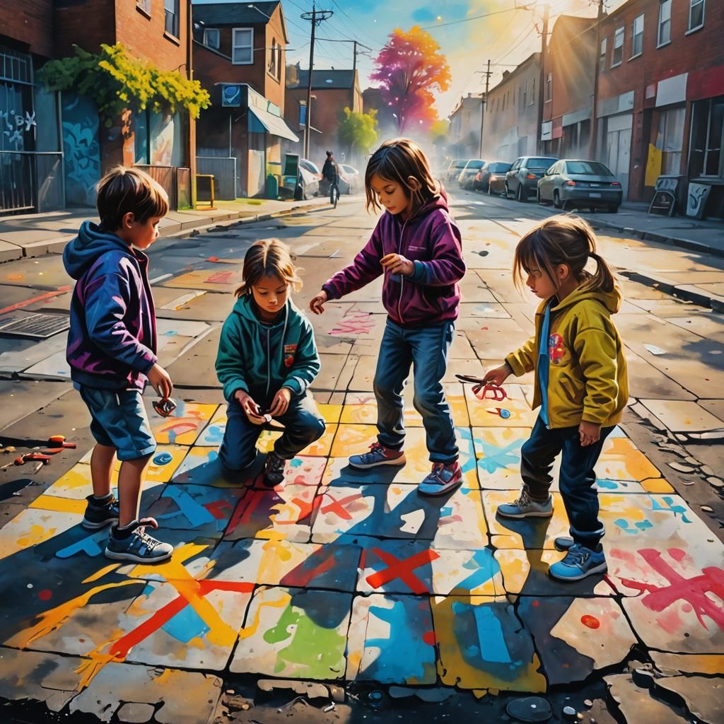 Children Play Tic-Tac-Toe as Vibrant Street Art