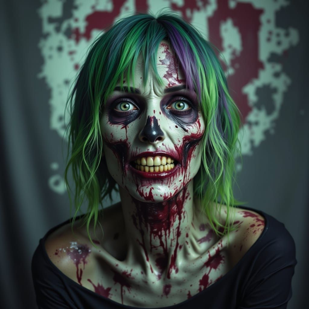 Cyberpunk Zombie Female Smiles Hungrily at Camera