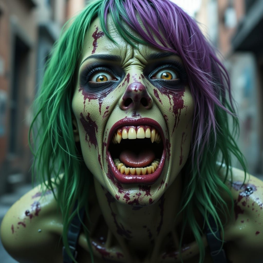 A Beautiful Zombie Female with Vibrant Hair Smiles at the Ca...
