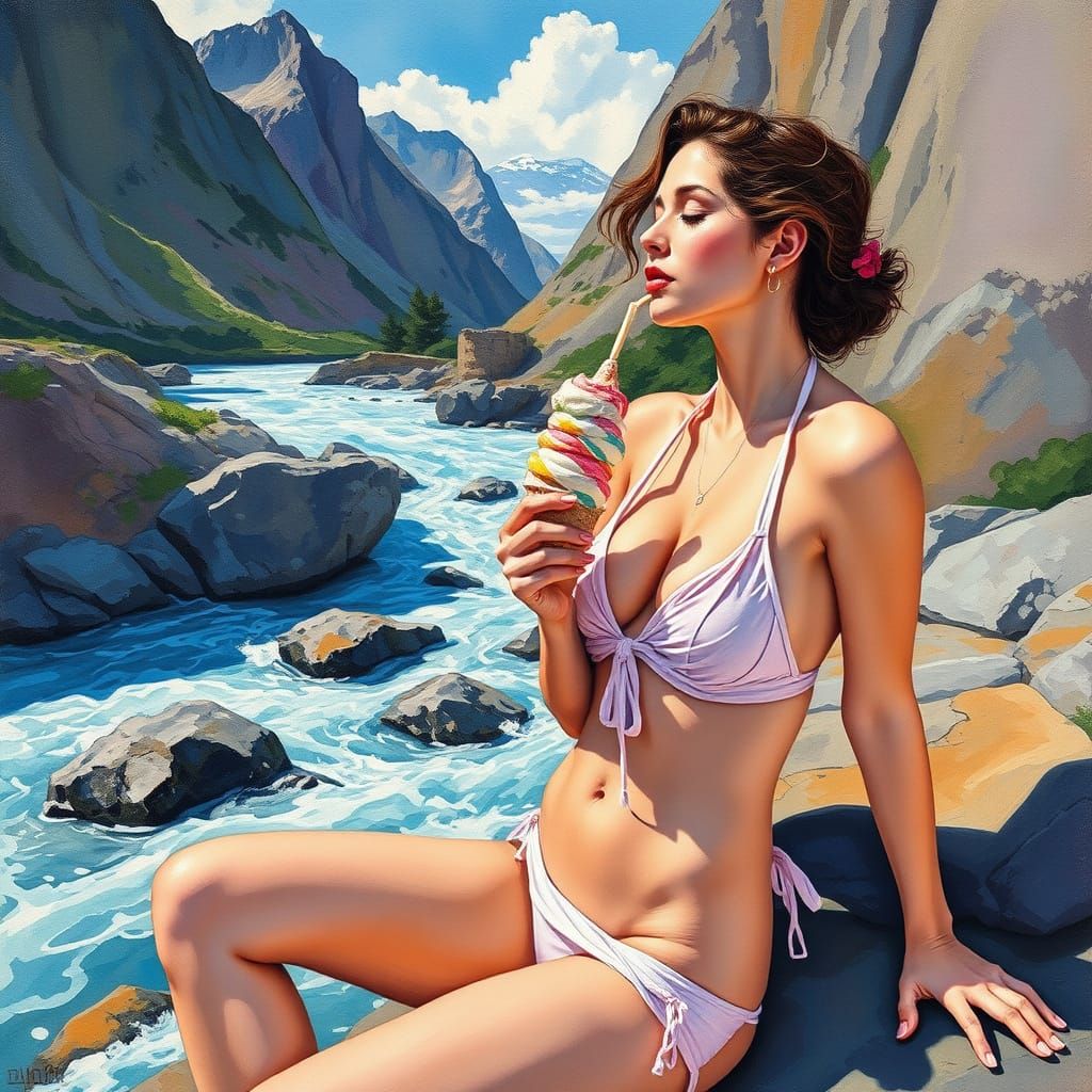 Woman in Twisted Bikini Sunbathing: Gouache Watercolor Paint...