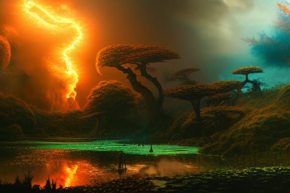 Radiant Serene Landscape in Digital Matte Painting