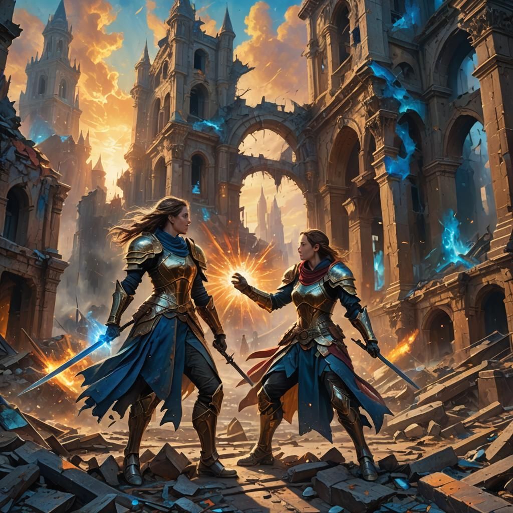 Epic Battle in Ruined Cityscape: Fantasy Concept Art