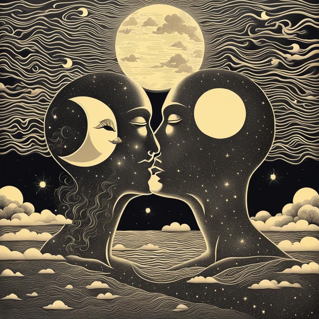 Surreal Kiss Between Sun and Moon