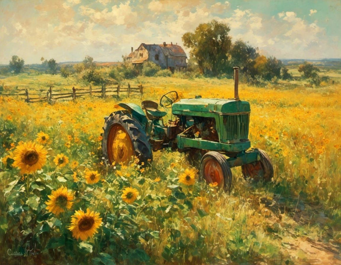 Sunflowers, Tractor, and Fence in Impressionistic Style