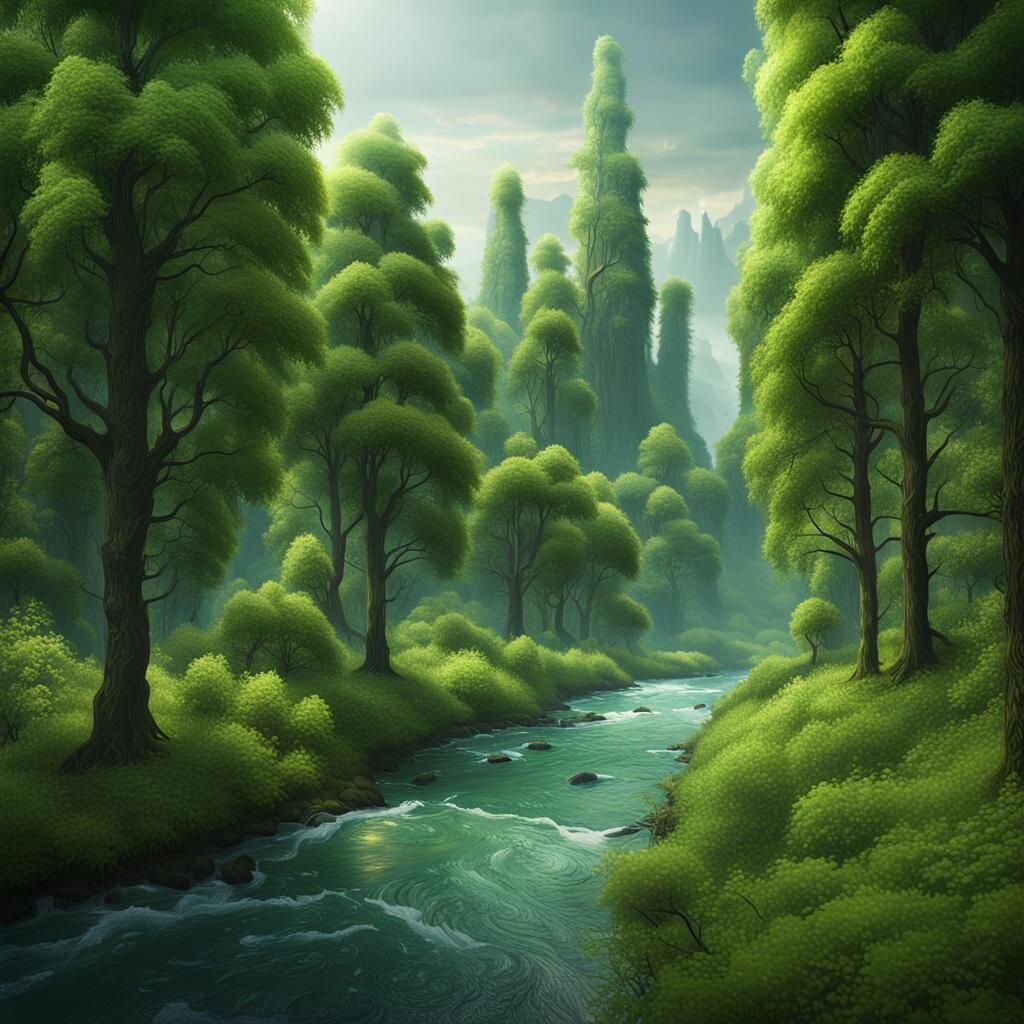 Lush Green Trees and River in Detailed Matte Painting