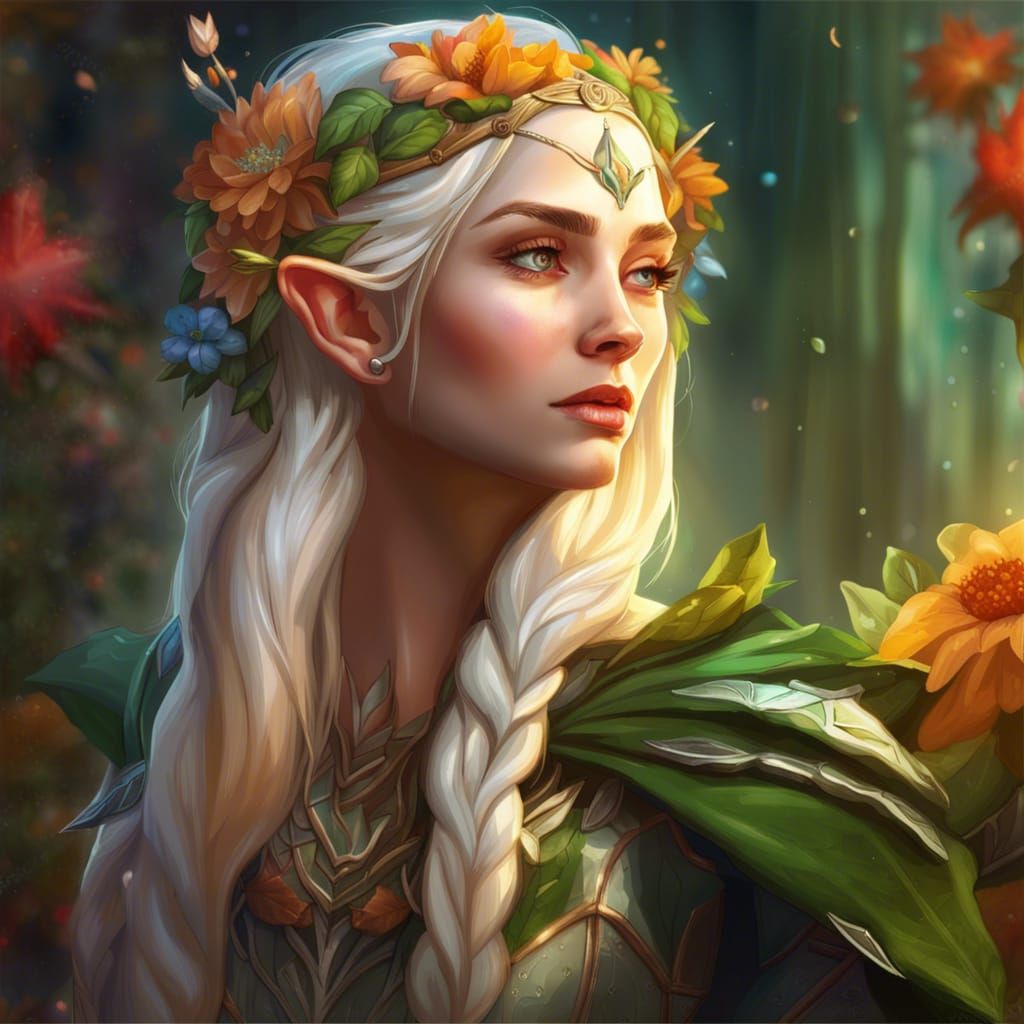Beautiful Elf Woman Portrait with Floral Crown