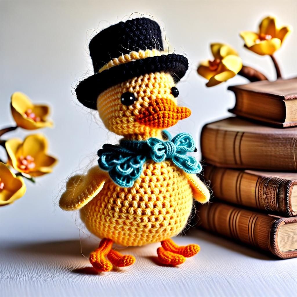 Crocheted Duckling in Top Hat: A Whimsical Creation