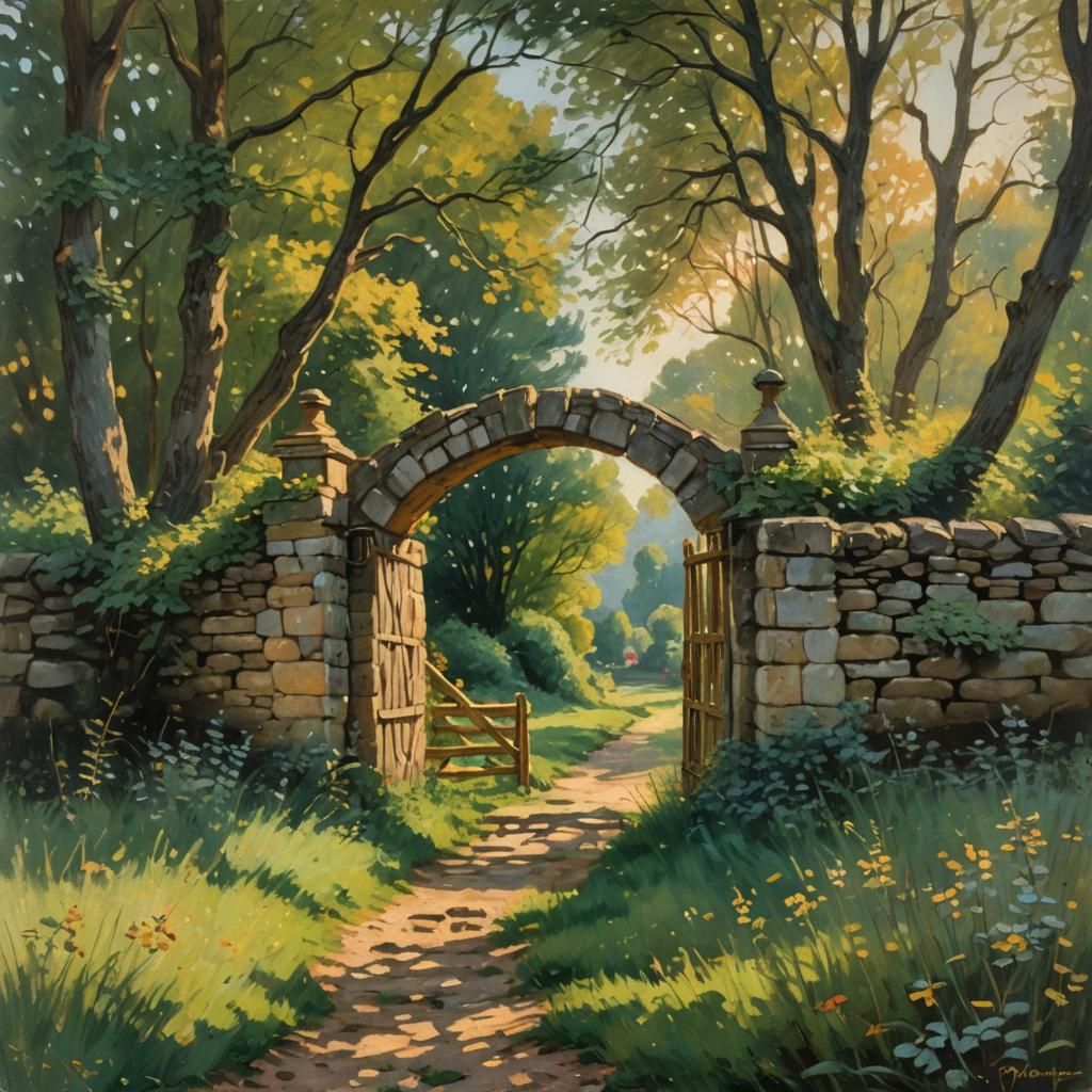 Stone Gate in Impressionist Field Painting