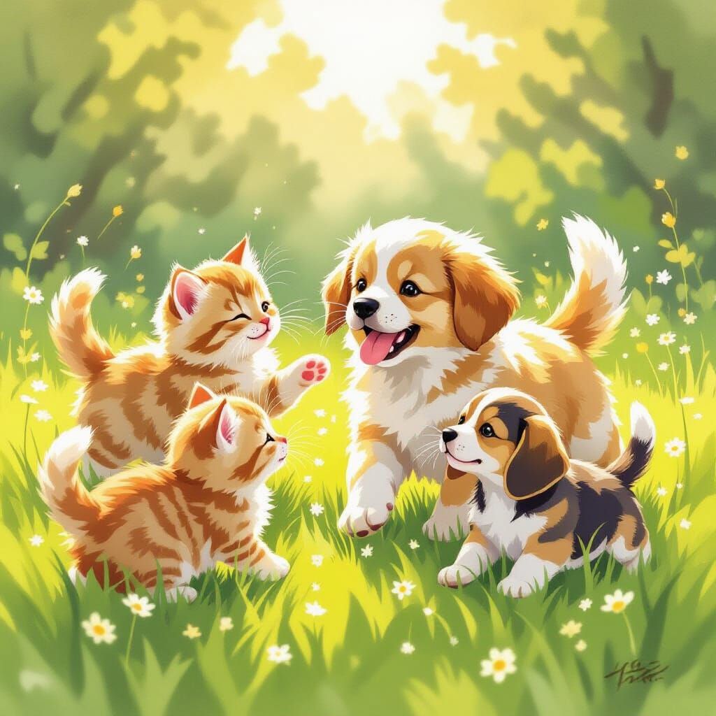 Fluffy Kittens Chase Puppies in Sunny Meadow Illustration