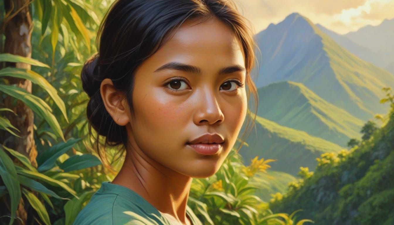 Indonesian Girl in Mountain Landscape, Oil Painting