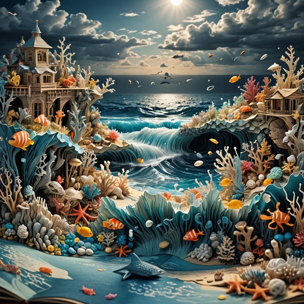 Hyperrealistic Ocean Pop-Up Book Illustration