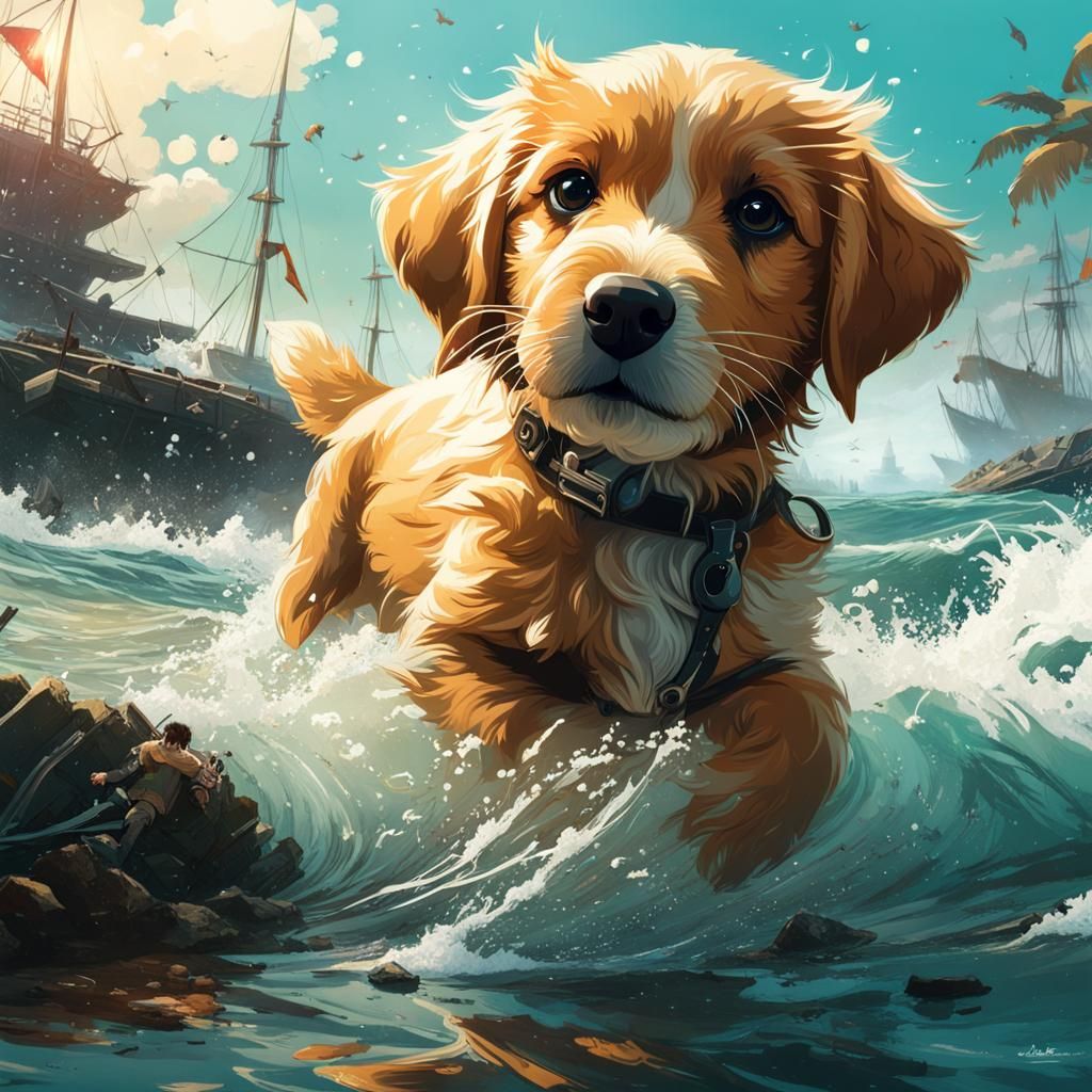 Puppy's Joyful Play in the Sea: Detailed Digital Art