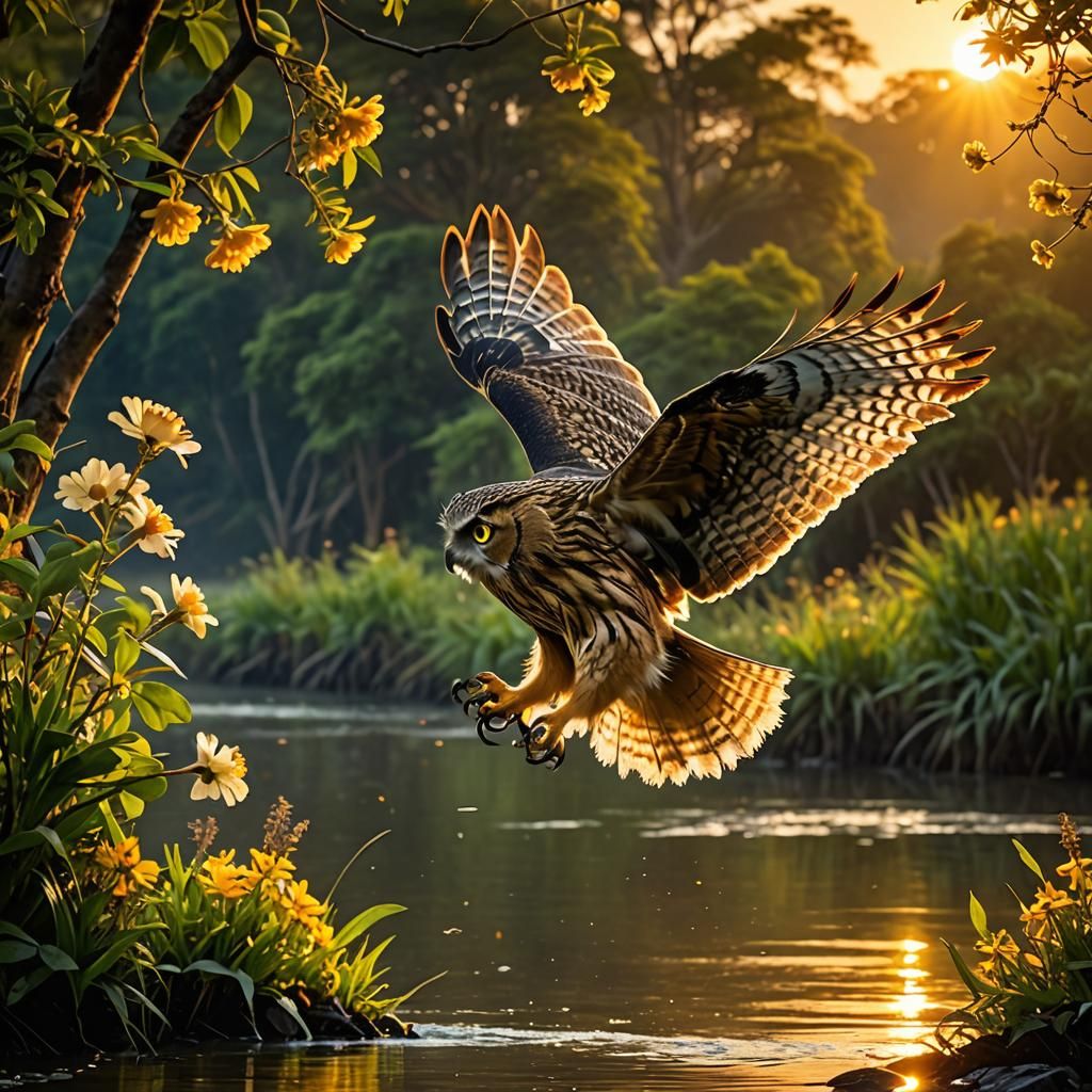 Fish Owl in Flight at Sunset
