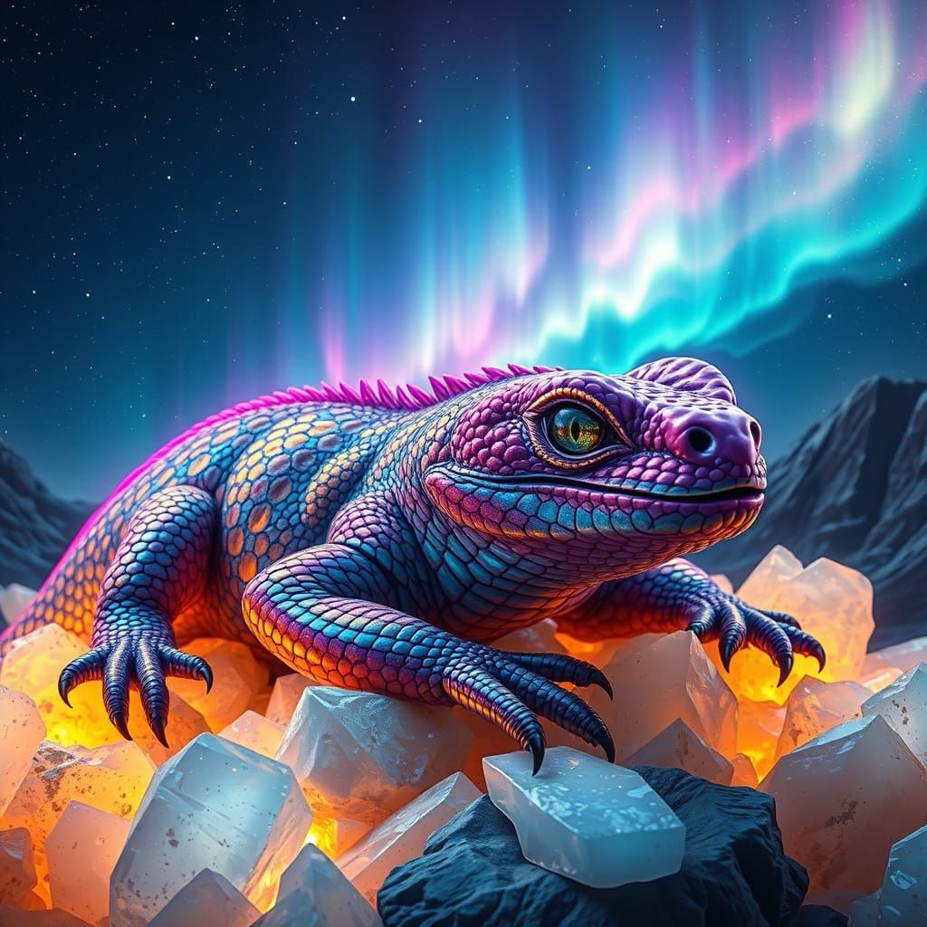 Iridescent Gila Monster on Crystals Under Nebula Sky