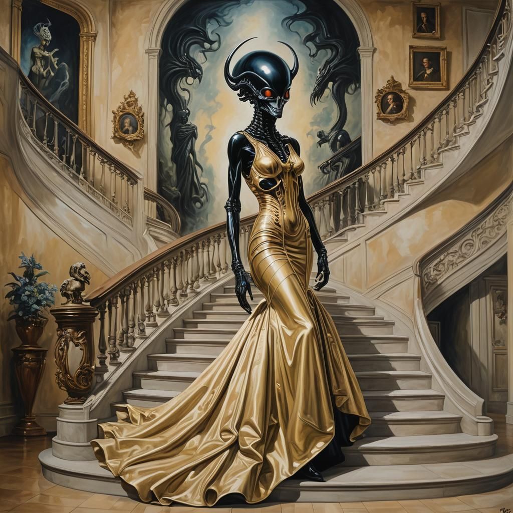 Xenomorph in Gown Descends Staircase, Surreal Oil Painting