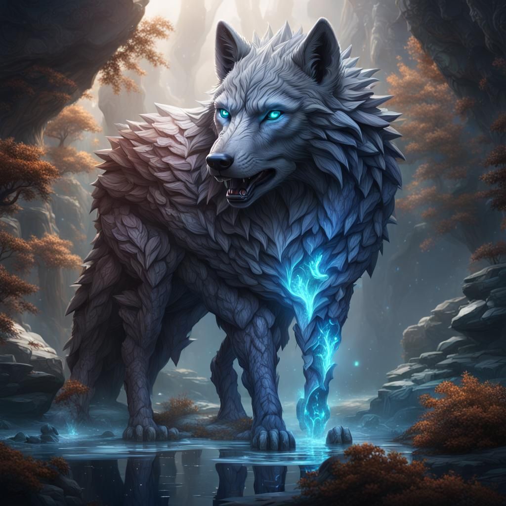 Luminous Crystal Wolf: Detailed Fantasy Art