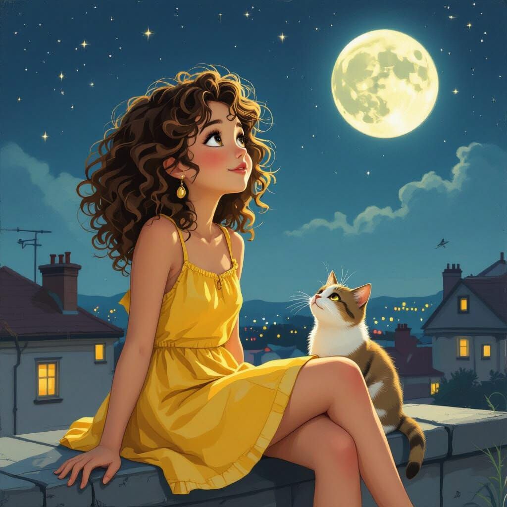 Girl, Cat, and Moon in Surreal Style