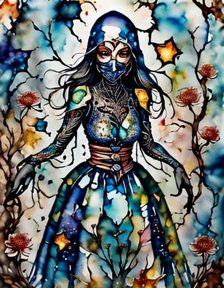 Shattered Glass Woman in Watercolor Ink Style