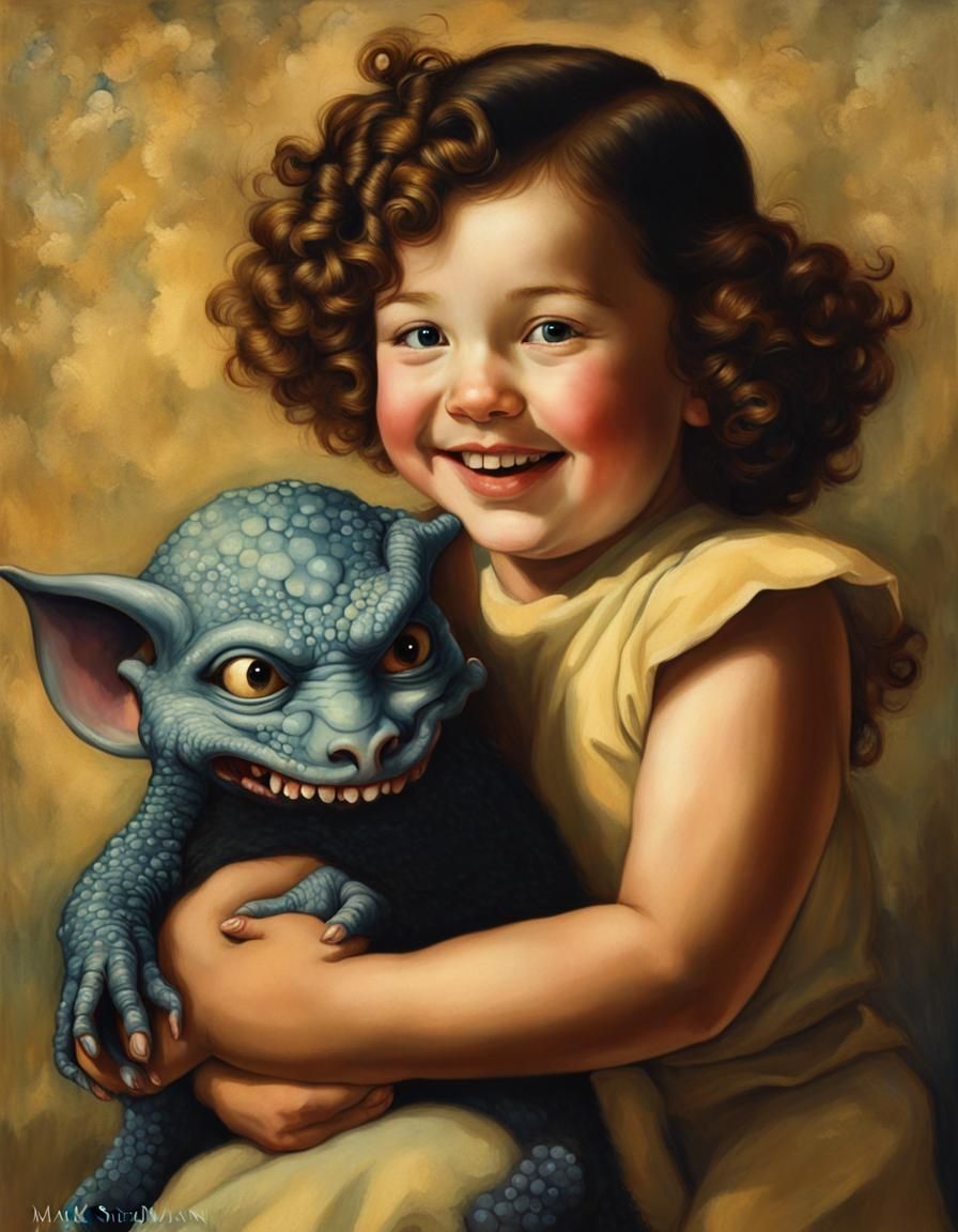 Toddler Hugging Lovecraftian Pet in Parrish Style
