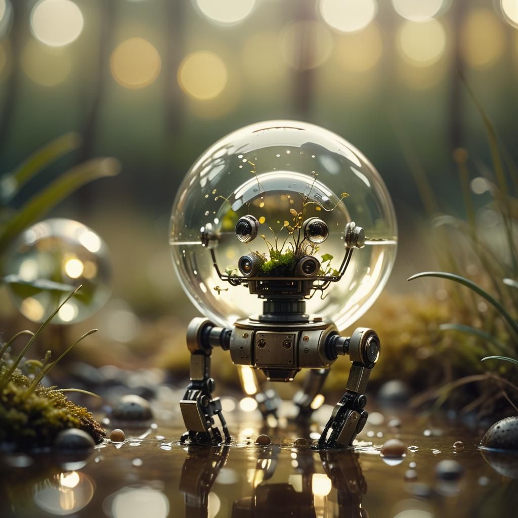 Glass orb robot head with miniature ecosystem Cinematic film still, shot on v-raptor XL, film grain, vignette, color gra...