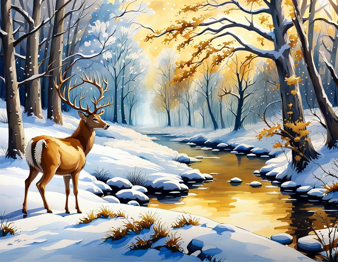 Winter River Scene with Deer: Detailed Matte Painting