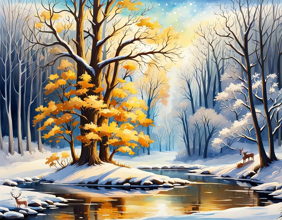Winter River Scene with Deer in Fantasy Art Style