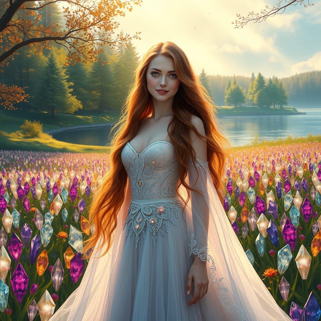 Enchanting Sorceress in Whimsical Spring Landscape