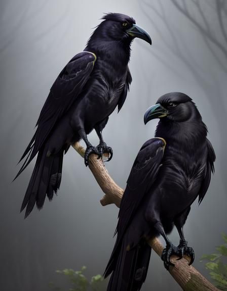 Crow Perched on Branch: Digital Art Friendship