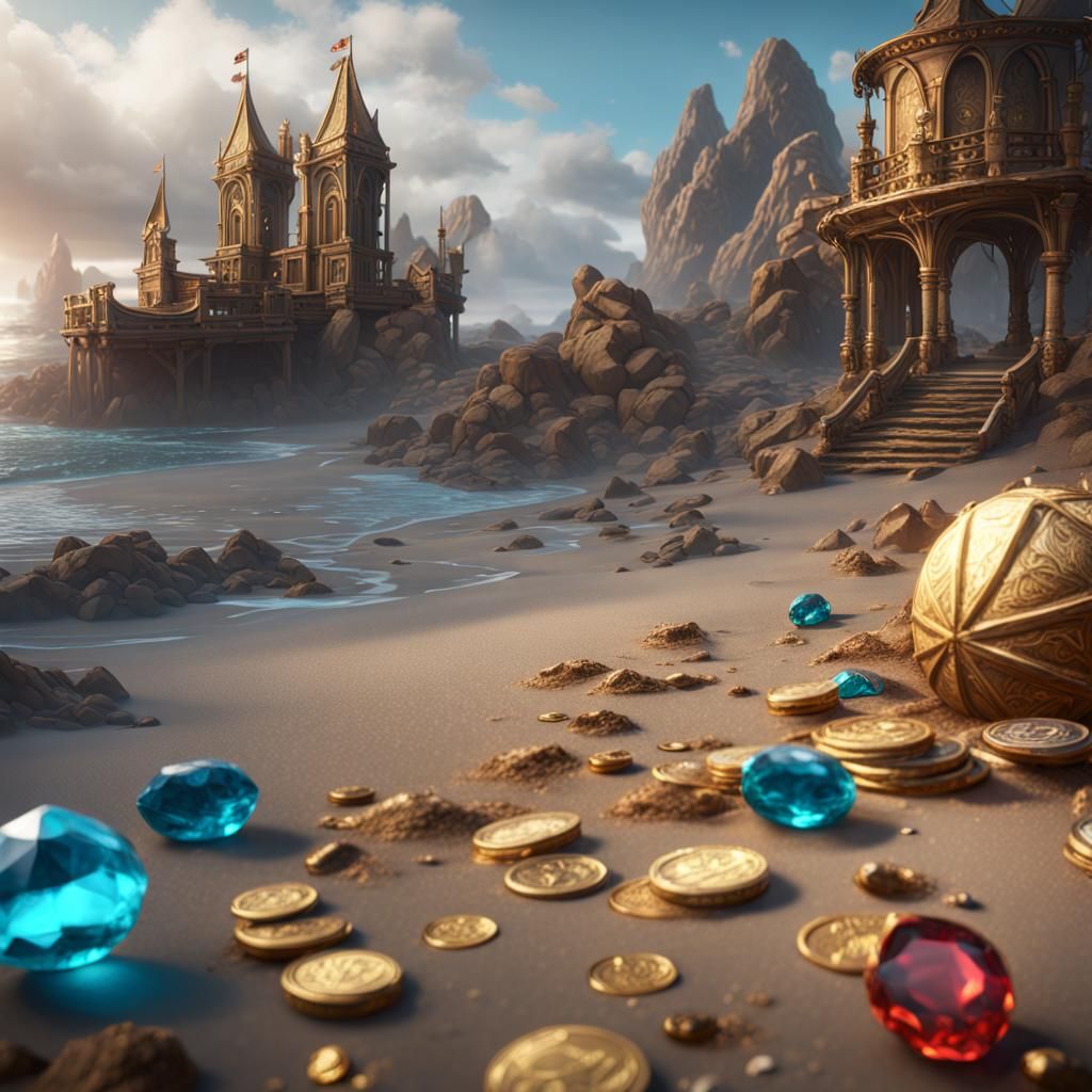 Gems and Coins on a Beach: Fantasy Concept Art