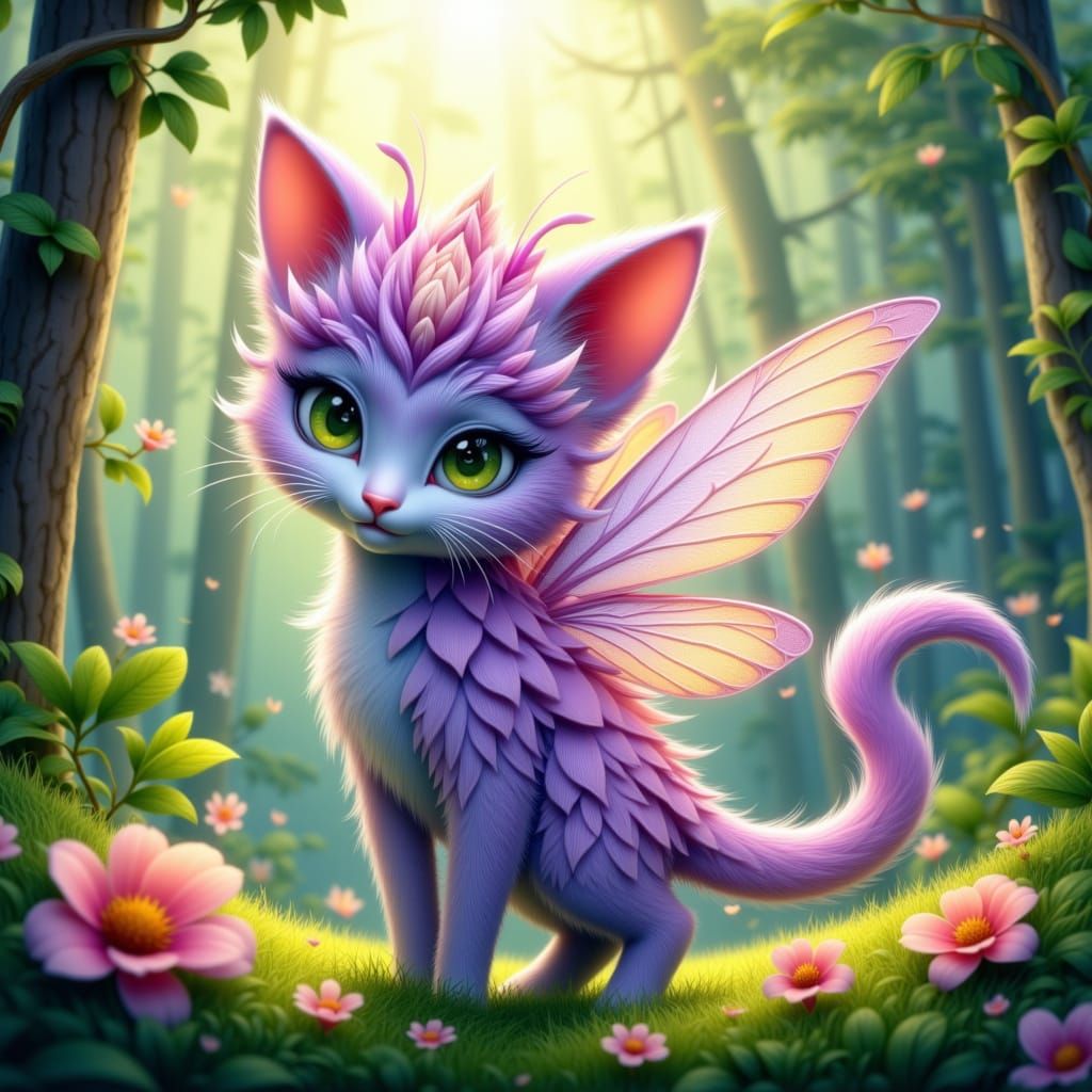 Whimsical Flower Kitten Creature in Enchanted Forest