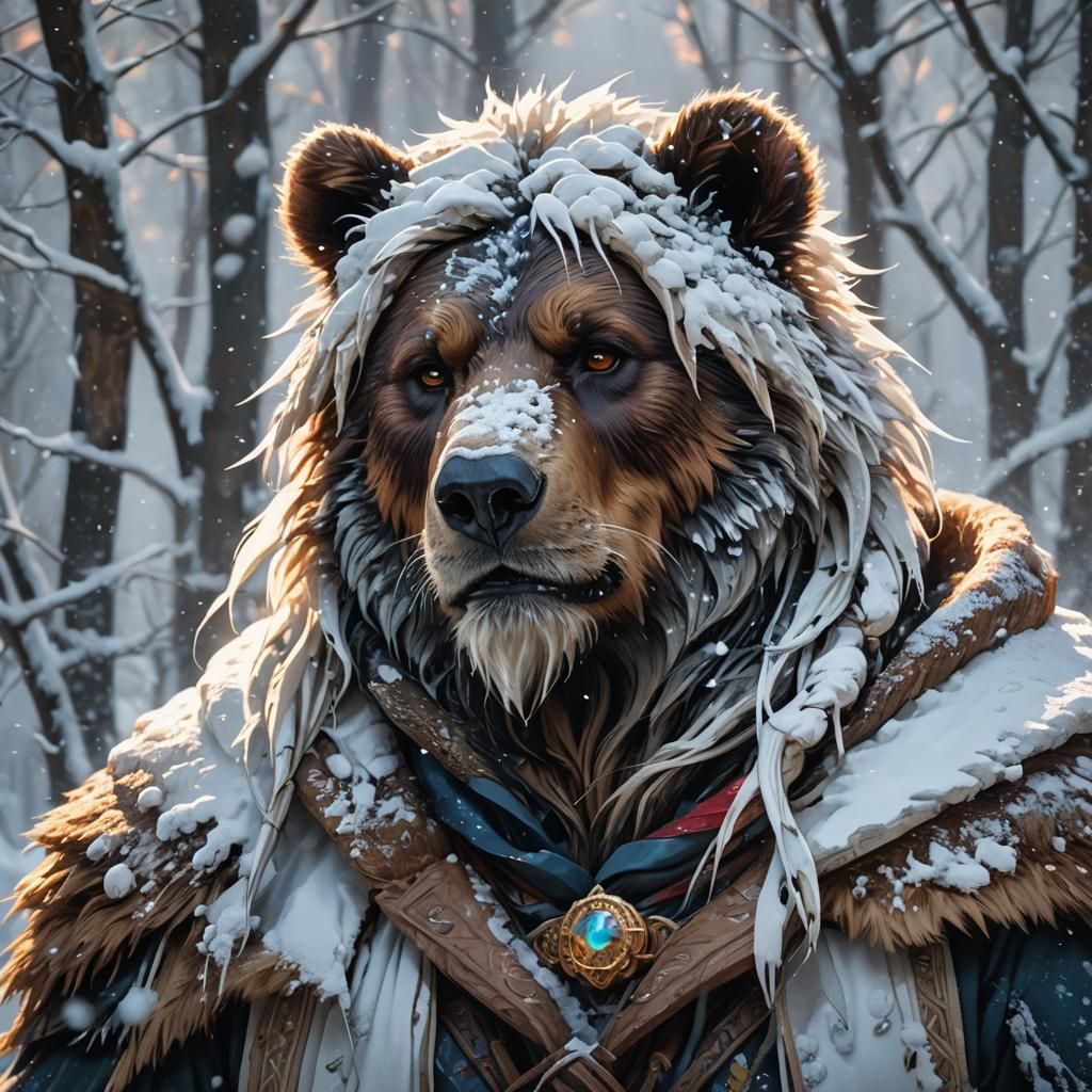 Detailed Bear Portrait in Snowy Landscape