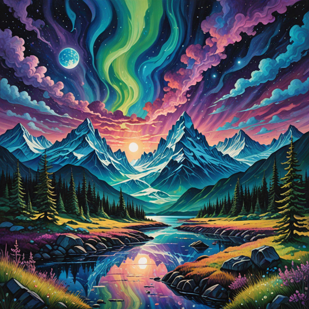 Surreal Homer, Alaska Cosmic Landscape in Vibrant Oil Painti...