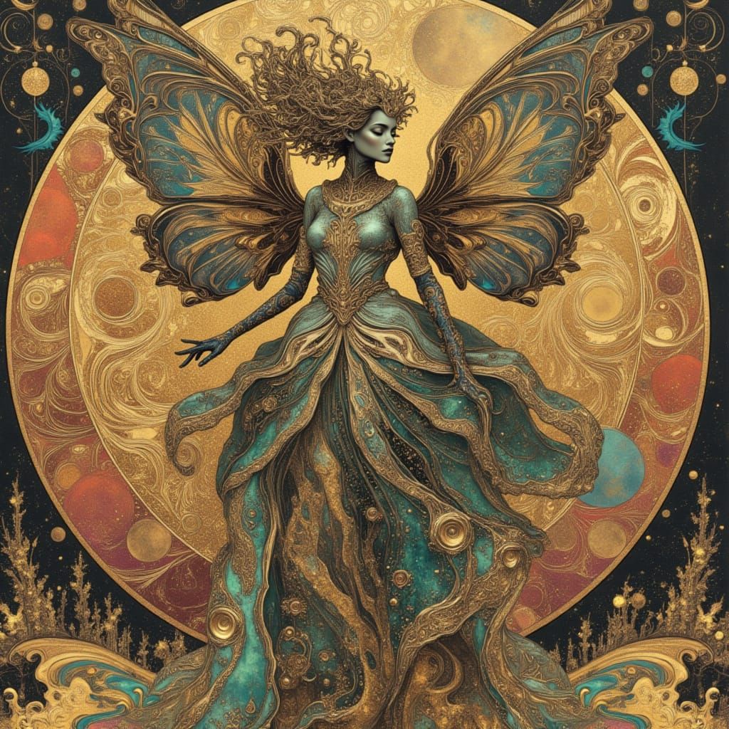 Alien Woman Dancing in Escher-Inspired Landscape