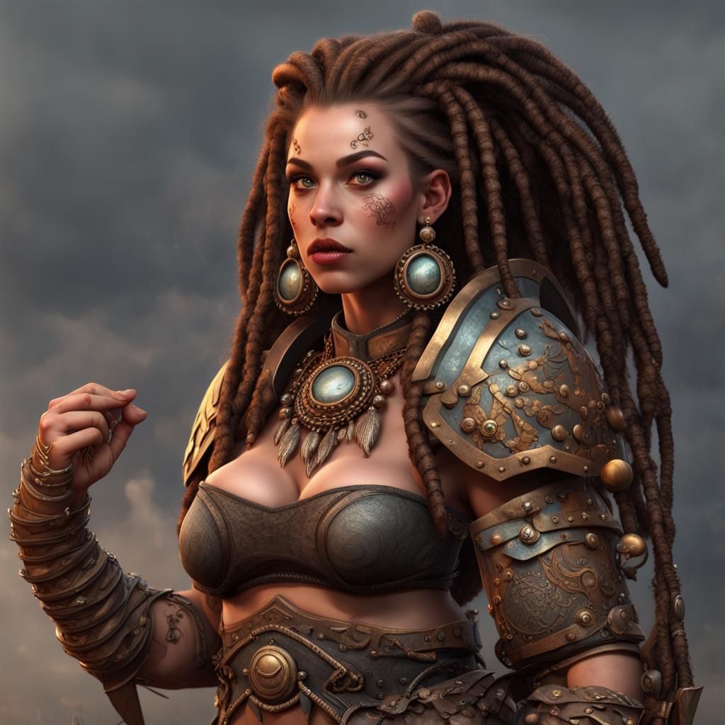Dwarf Barbarian Woman with Dreadlocks, Fantasy Art