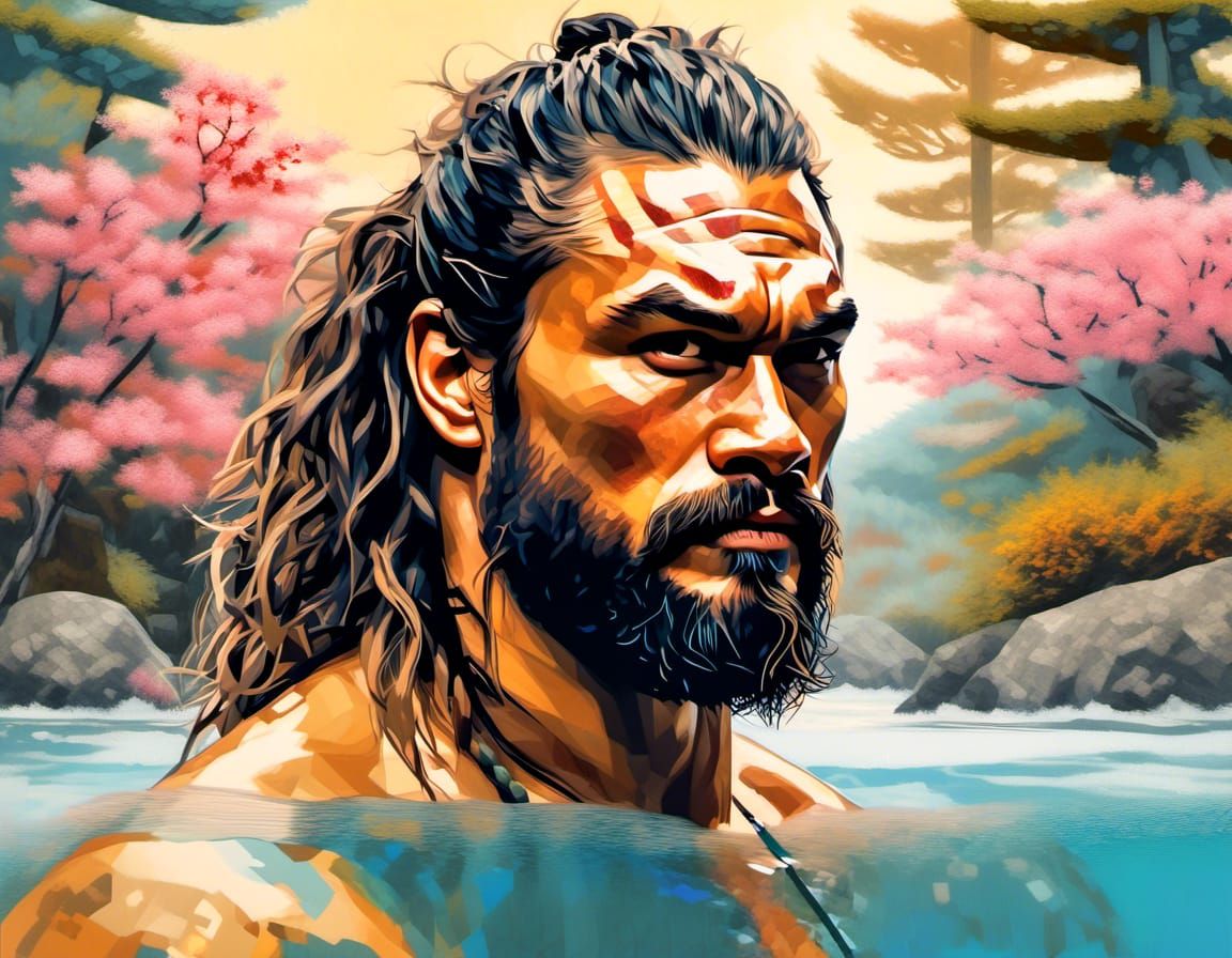 Tattooed Jason Momoa at Onsen in Miyazaki Style