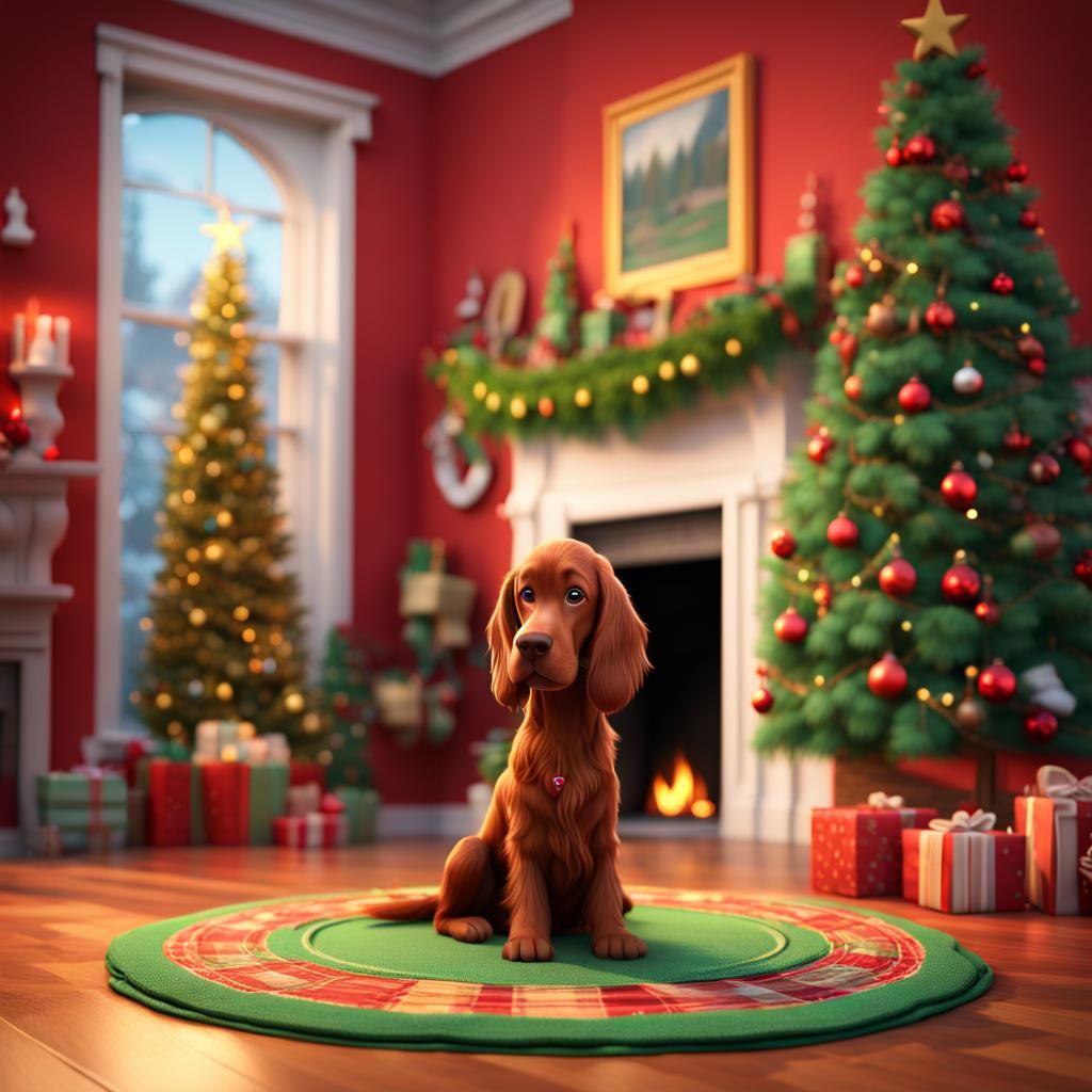 Irish Setter Dog's Christmas Surprise: 3D Pixar Style
