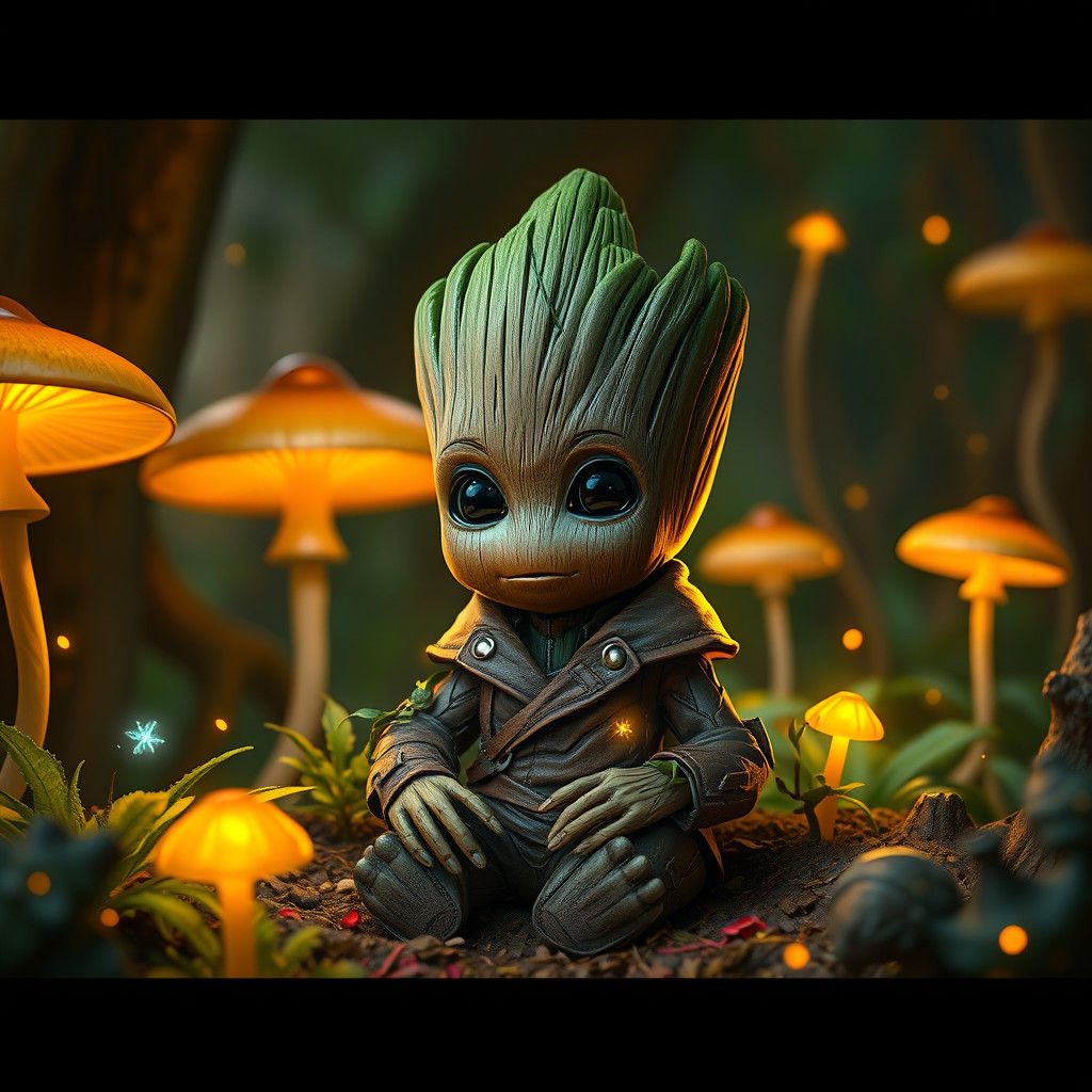 Baby Groot in Enchanted Forest, Fantasy Art