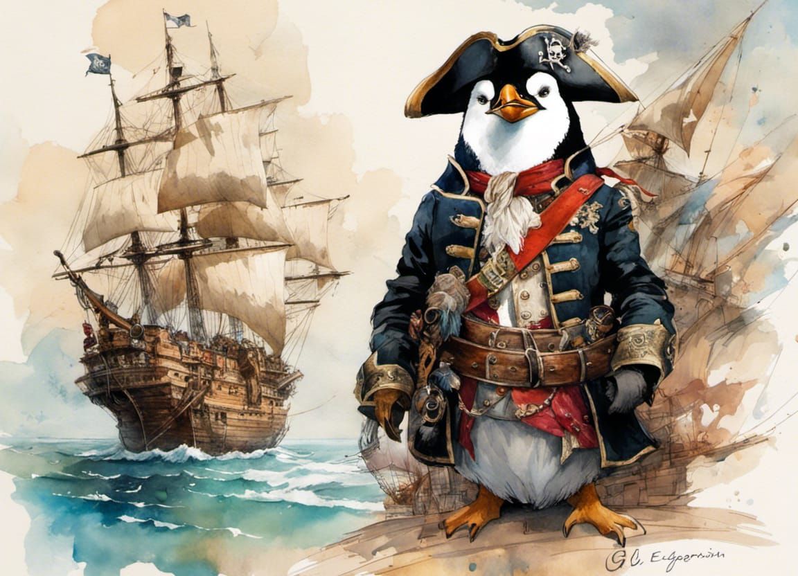 Chibi Penguin Pirate with Pirate Ship Sketch